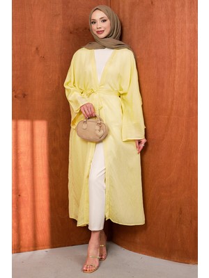 İmaj Butik Sarı Bel Bağlamalı Uzun Kimono