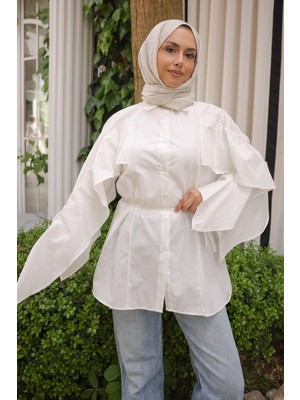 İmaj Butik Ekru Kolları Pelerinli Bel Bağlamalı Gömlek