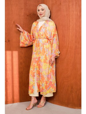 İmaj Butik Oranj Bel Bağlamalı Desenli Uzun Salaş Kimono