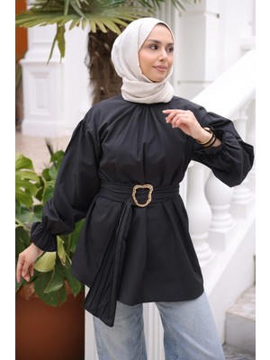 İmaj Butik Siyah Kol Lastikli Kemerli Gömlek