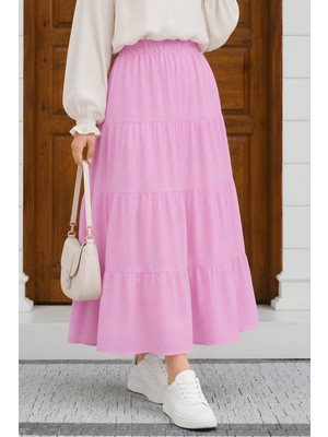İmaj Butik Pembe Kat Kat Büzgülü Müslin Etek Dokuma Kumaş Özellikleri ile Şık Tasarım
