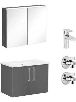 Vitra Root Flat Set 80 cm 2 Kapaklı Köşeli Lavabo Dahil Antrasit (Lavabo Bataryası ve Ara Musluklar Dahil)