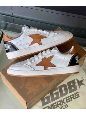 Golden Goose Ball Star Beyaz Deri Erkek Sneaker - Taba Yıldız Detaylı