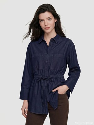 LC Waikiki Indigo Büzgülü Kadın Jean Gömlek Tunik