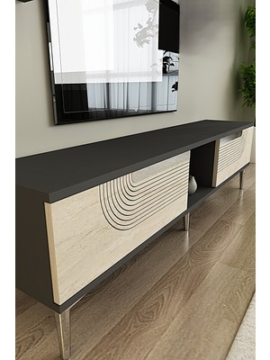 Yumedi Design TSA1508ATS - Dünya Tv Stand , Tv Sehpası 150CM Antrasit-Traverten-Silver