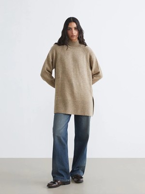 LC Waikiki Bej Balıkçı Yaka Oversize Kadın Triko Tunik