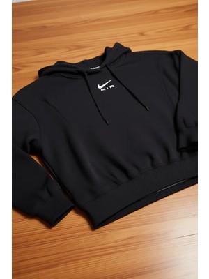 Nike Sportswear Air Fleece Hoodie Crop Oversize Kesim Kadın Siyah Kapüşonlu Sweatshirt