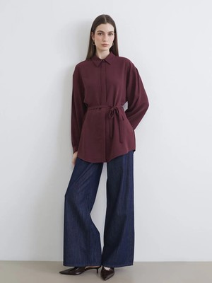 LC Waikiki Bordo Beli Kuşaklı Oversize Kadın Gömlek Tunik