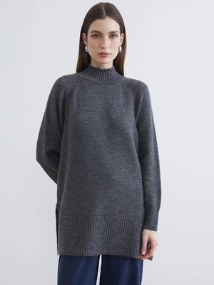 LC Waikiki Antrasit Balıkçı Yaka Oversize Kadın Triko Tunik
