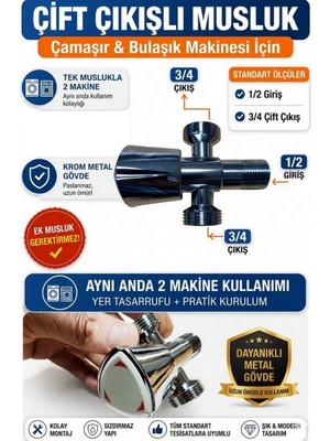 BarkoFix Çift Su Girişli Çamaşır ve Bulaşık Makine Musluğu Taharet Musluğu Taksimat Musluk