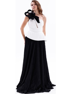 Bdm Exclusive Tek Omuz Piliseli Peplum Çiçek Aplikeli Uzun Saten Abiye Elbise