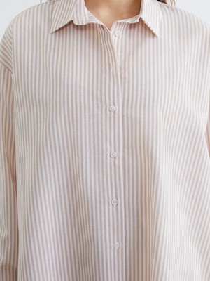 LC Waikiki Bej Çizgili Oversize Poplin Kadın Gömlek Tunik
