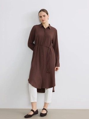 LC Waikiki Kahverengi Dokulu Oversize Kadın Gömlek Tunik