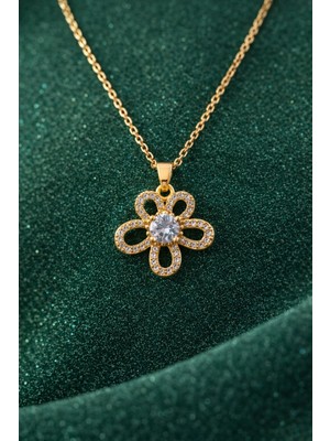 Sylvera Shop Daisy Işıltılı Çiçek Çelik Kolye (Gold Renk)
