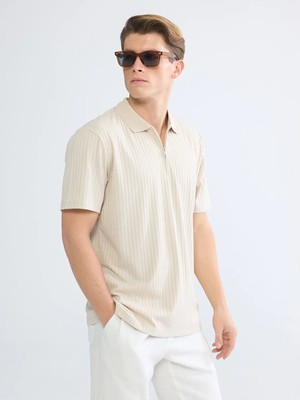 LC Waikiki Bej Polo Yaka Çizgili Erkek Tişört