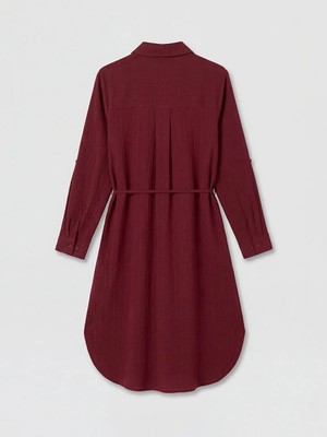 LC Waikiki Bordo Oversize Gofre Kadın Gömlek Tunik