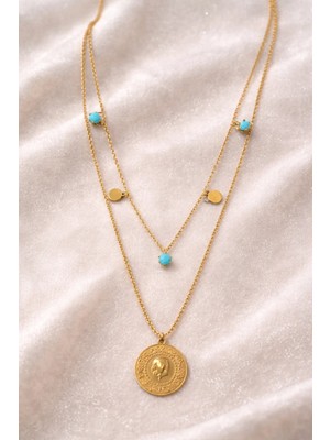 Sylvera Shop Turkuaz Taşlı Etnik Çeyrek Altın Model Çelik Kolye (Gold Renk)