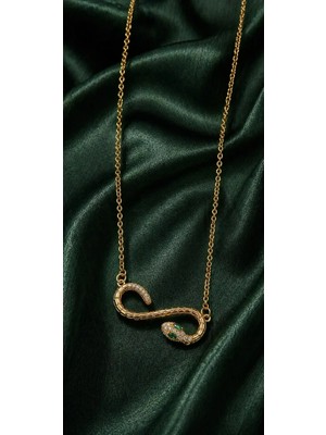 Sylvera Shop Yeşil Taşlı Yılan Tasarım Çelik Kolye (Gold Renk)