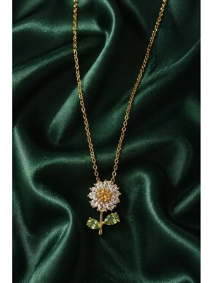 Sylvera Shop Papatya Figürlü Taşlı Çelik Kolye (Gold Renk)