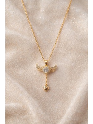 Sylvera Shop Angel Heart Taşlı Kanat Detaylı Çelik Kolye - Sallantılı Kalp Uçlu (Gold Renk)