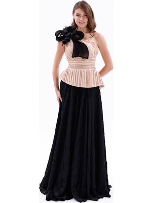 Bdm Exclusive Tek Omuz Piliseli Peplum Çiçek Aplikeli Uzun Saten Abiye Elbise