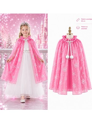 NW NessiWorld Kar Tanesi Desenli Pembe Elsa Pelerini - Astarlı Frozen Pelerini 85 cm