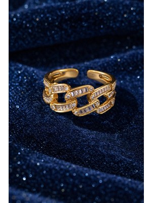 Sylvera Shop Royal Chain Baget Taşlı Yüzük - Ayarlanabilir (Gold Renk)
