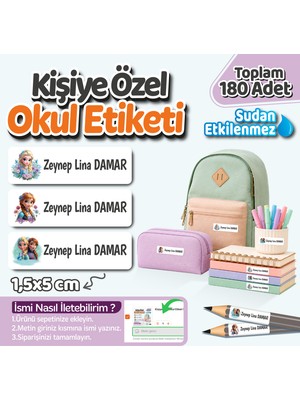Kişiye Özel Okul Etiket Seti - 180 Adet - Kokusuz Ekolojik Mürekkep Pvc Etiket Sticker-Elsa ve Anna