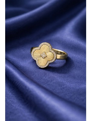 Sylvera Shop Yonca Figürlü Taşlı Yüzük - Ayarlanabilir (Gold Renk)