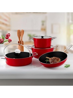 Peri Store Rozella 7 Parça Titanyum Tencere Seti - Kırmızı