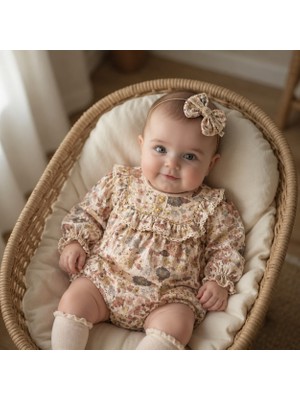 Ozz Baby  Çiçek Desenli Robalı Dantelli Müslin Kız Bebek 0-3/3-6/6-9/9-12 Ay Leoparlı Çoraplı  Romper Body