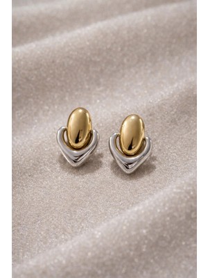 Sylvera Shop Fusion Heart Çift Renk Küpe (Gold & Silver Renk)