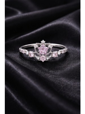Sylvera Shop Romantik Pembe Taşlı Taç Yüzük - Ayarlanabilir (Gümüş Renk)