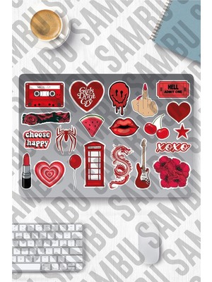 Peri Store Red Aesthetic Temalı Etiket Seti 2 - Kırmızı - Laptop Notebook Telefon