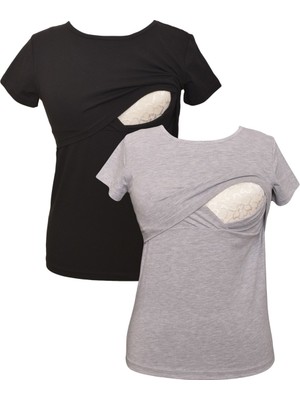 Luvmabelly Myra2501_2503 Emzirme T-Shirt Seti Kadın Kısa Kol Günlük Stil Siyah Gri %98 Pamuk Kalite