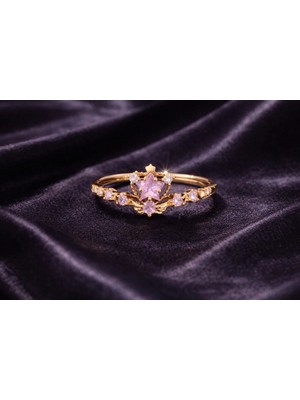 Sylvera Shop Romantik Pembe Taşlı Taç Yüzük - Ayarlanabilir (Gold Renk)