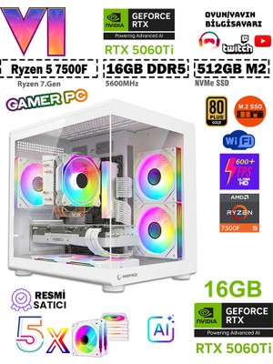 Zeiron Mohawk White Amd Ryzen 5 7500F-MSI A620M-B/GEFORCE RTX 5060Ti 16GB X2 ICE/512GB M.2/16GB DDR5 Beyaz-Oem Oyuncu Paket