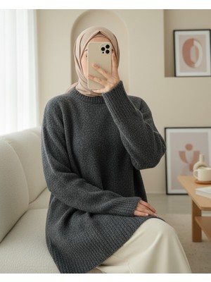 Moda Morfo Yuvarlak Yaka Salaş Yumoş Triko  Kazak  -Füme