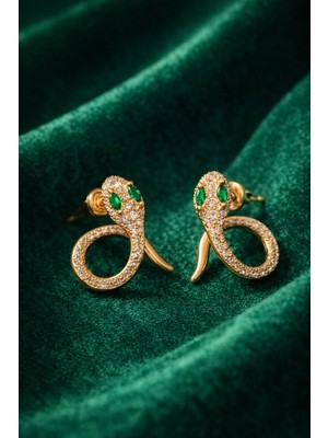 Sylvera Shop Yeşil Taşlı Yılan Tasarım Küpe (Gold Renk)