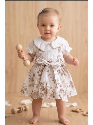 Moes Bayramlık Retro Çiçekli Yazlık Bebe Yaka Kısa Poplin Bebek Elbise - Kahve