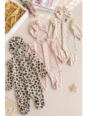 Dinamik çocuk Kız Bebek 3'lü Tulum Set Bandanalı Leopar Kalp Desenli Fırfırlı Uzun Kollu Çıtçıtlı (0-3AY) %100PAMUK