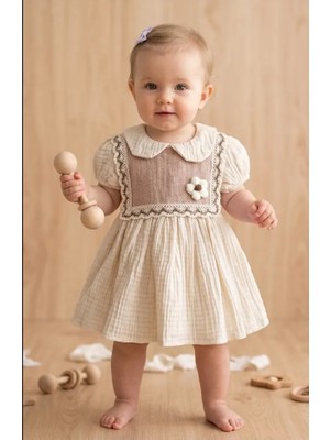 Bayramlık Retro Papatyalı Yazlık Bebe Yaka Kısa Müslin Bebek Elbise -Bej
