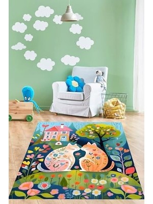 Peri Store Pelangi Çiçek Kediler Yıkanabilir Kaymaz Taban Leke Tutmaz Çocuk Odası Halısı, Yeşil Mavi 160 x 250