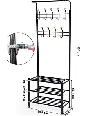 Peri Store HSR04B, 18 Askılı 3 Ayakkabı Raflı, Metal, Siyah, 68,8 x 35,2 x 187 cm
