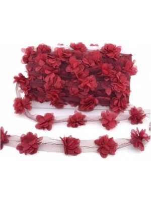 Peri Store - Bordo Lazer Kesim Çiçek Tül 1 Metre