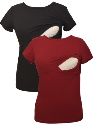 Luvmabelly Kadın Emzirme T-Shirt Seti Bisiklet Yaka S Beden %98 Pamuk Siyah ve Bordo