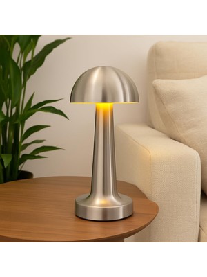 Peri Store K2 Gümüş Dokunmatik Şarjlı Masa Lambası – LED Işıklı, 3 Renk Modu (6500K-4000K-3000K), Dimlenebilir, USB Type-C Şarjlı, Taşınabilir Modern Tasarım, Yatak Odası, Ofis, Kafe ve Restoran Kullanımı