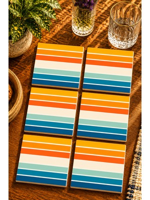 JHAAR Renkli Çizgili Modern Tasarım 6’lı Set Bardak Altlığı - Uv Baskı Mdf - 10X10 cm