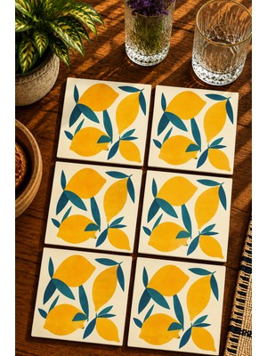 JHAAR Limon Tasarımı Mutfak 6’lı Set Bardak Altlığı - Uv Baskı Mdf - 10X10 cm