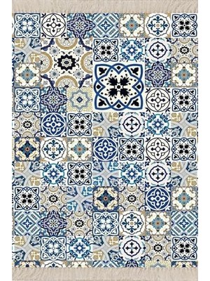 Peri Store Pelangi Çini Desenli Etnik Dijital Baskı Yıkanabilir Kaymaz Taban Salon Halısı ve Yolluk, Mavi-Beyaz 100 x 500